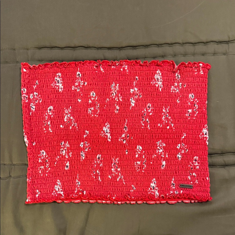 Hollister Red Smocked Tube Top with White Ditsy Print